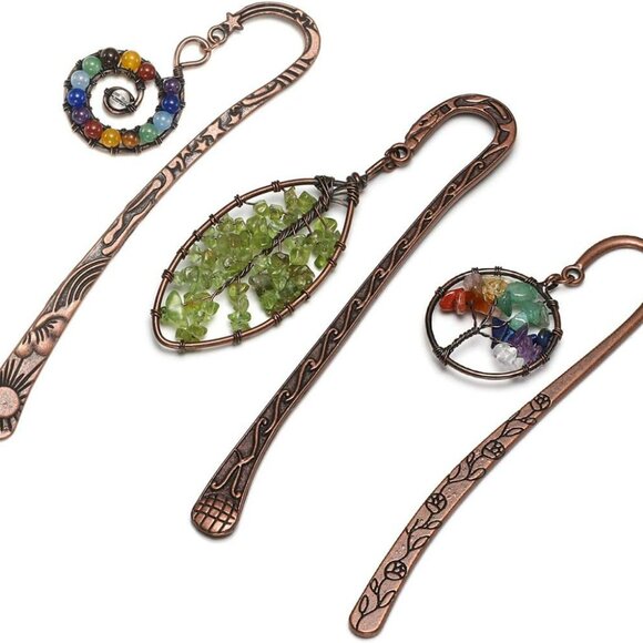 3pcs Antique Copper Metal Bookmark Beading Bookmarks with Handmade 7 Chakra Heal - Picture 1 of 7